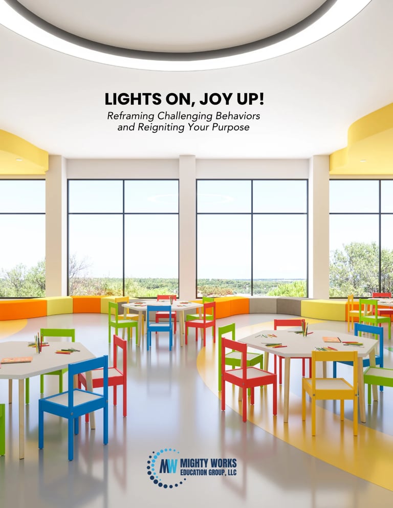 Bright classroom with colorful furniture and large windows, featuring title Lights On, Joy Up! about reframing challenging behaviors