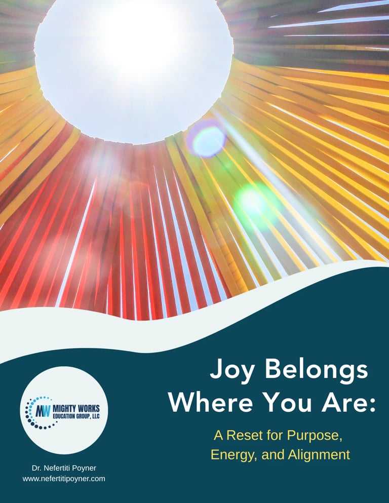 Book cover featuring a bright sun and radiating light rays in warm colors with the title Joy Belongs Where You Are and subtitle about purpose, energy, and alignment by Dr. Nefertiti Poyner