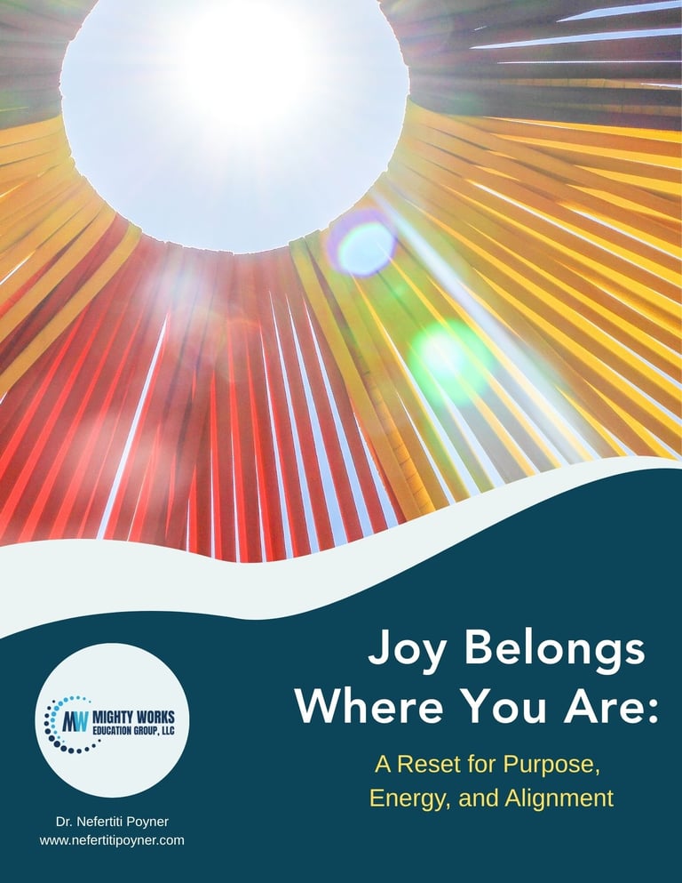 Book cover for Joy Belongs Where You Are featuring a bright sun radiating colorful light rays above a wavy horizon with teal background